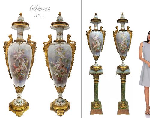 A Very Rare Pair of Gilt Figural Bronze Sevres Vases