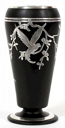 ART DECO SILVER OVERLAY BLACK GLASS VASE C. 1920