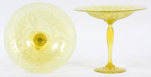 ENGRAVED VASELINE GLASS COMPOTES C. 1920 PAIR