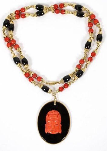 GOLD, CORAL & ONYX NECKLACE W/ CORAL BUDDHA PENDANT