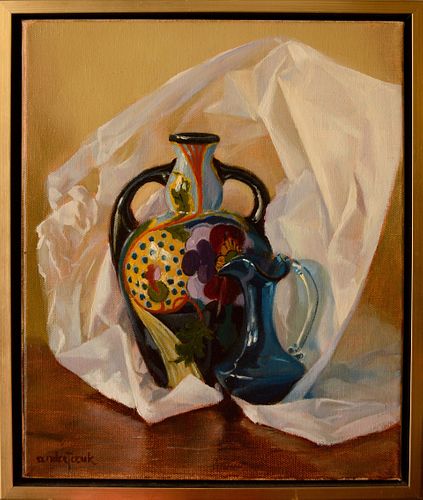 GOUDA VASE WITH BLUE PITCHER OIL PAINTING