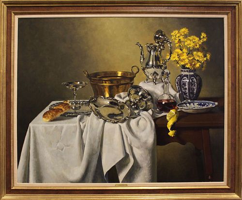 VERY LARGE STILL LIFE WITH STERLING OIL PAINTING