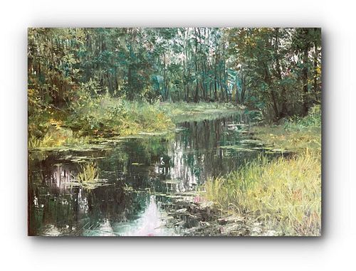 POND IN THE WOODS OIL PAINTING