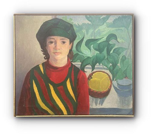 GIRL WITH GREEN HAT OIL PAINTING