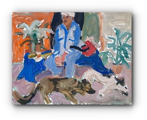 A MAN AND HIS DOGS OIL PAINTING