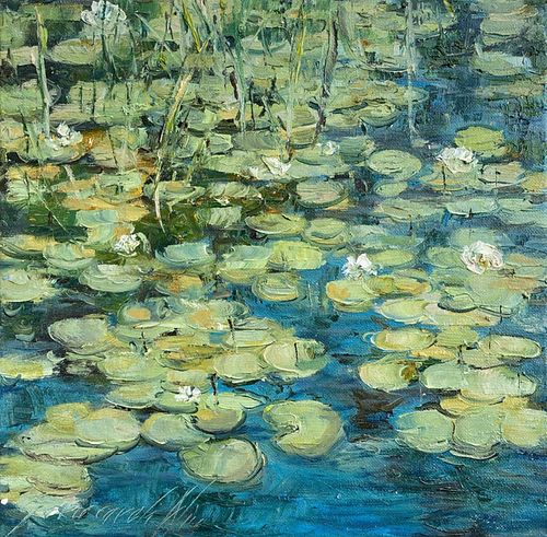 MARSH WITH WATER LILIES OIL PAINTING