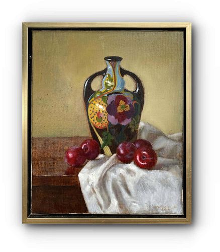 GOUDA VASE WITH PLUMS OIL PAINTING