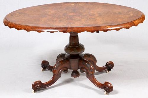 VICTORIAN WALNUT & MARQUETRY OVAL TILT-TOP TABLE