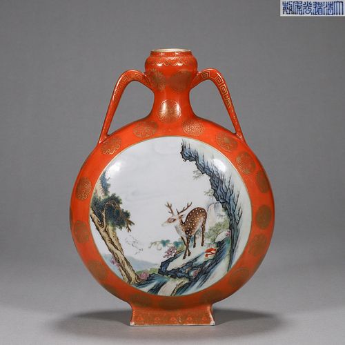A deer patterned iron red porcelain moon flask