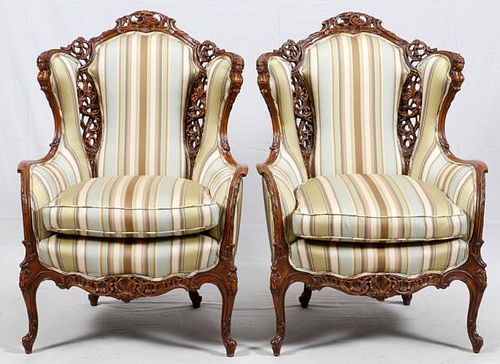 CARVED WALNUT & UPHOLSTERED ARMCHAIRS C. 1940 PAIR