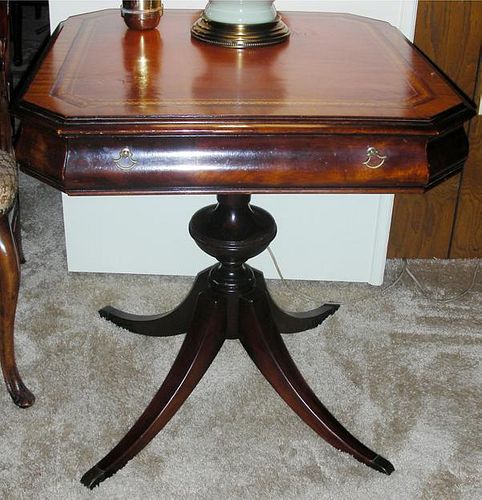 MAHOGANY TOOLED LEATHER TOP TABLE C. 1940