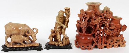 CHINESE SOAPSTONE CARVINGS EARLY 20TH C. THREE