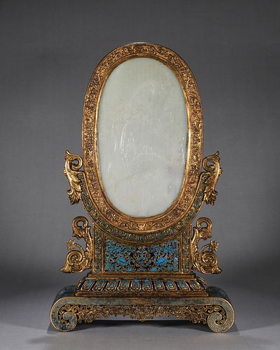 A figure patterned jade screen with cloisonne pedestal