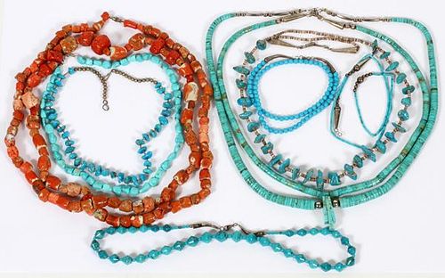 STERLING TURQUOISE & CORAL BEAD NECKLACES, NINE