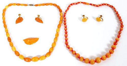 AMBER BEAD NECKLACES EARCLIPS & BROOCH SEVEN PIECES