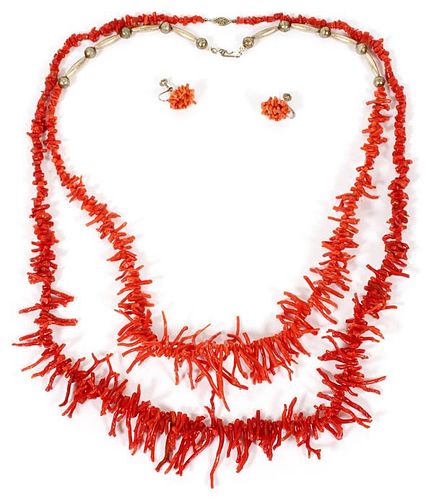 RED CORAL BRANCH NECKLACES & PAIR OF EARCLIPS