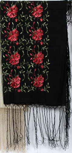 CHINESE EMBROIDERED BLACK SILK SHAWL W/ RED FLOWERS