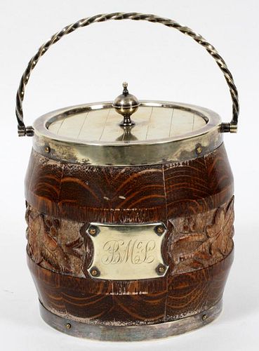ENGLISH SHEFFIELD PLATE AND OAK BISCUIT JAR 19TH.C.