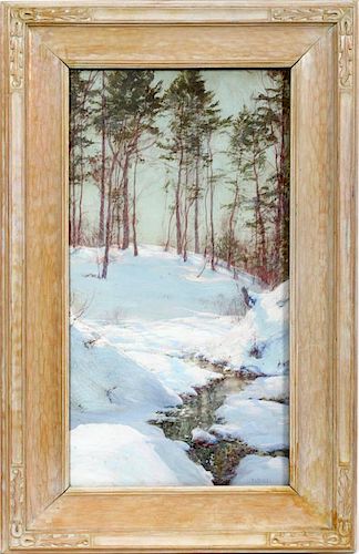 WALTER LAUNT PALMER (US 1854-1932), MIXED MEDIA ON PAPER MOUNTED ON MASONITE, H 30", W 16", "AN EARLY SNOW"