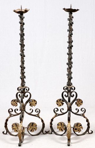 WROUGHT IRON FLOOR STANDING CANDLE PRICKETS PAIR