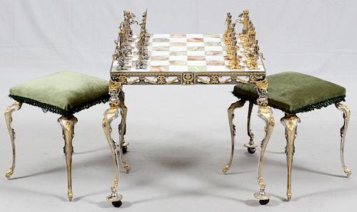 MARBLE CHESS BOARD TABLE & STOOLS 3 PIECES