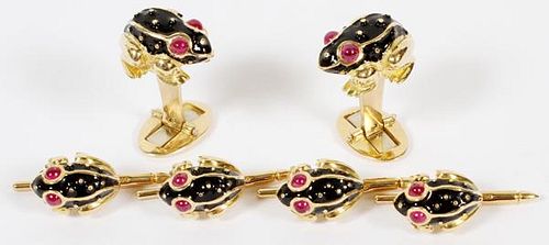 YELLOW GOLD RUBY AND ENAMEL FROG FORM DRESS SET