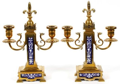 FRENCH BRONZE AND PORCELAIN CANDELABRA PAIR