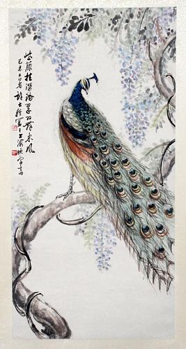 HAND PAINTED SCROLL ON PAPER MOUNTED ON SILK