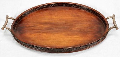 CHINESE TEAKWOOD GALLERY TRAY SILVERED HANDLES