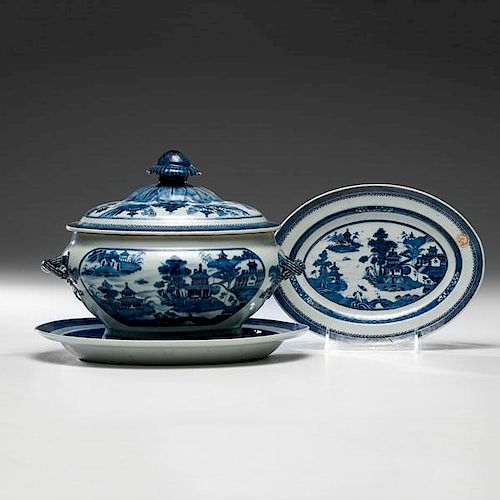 Chinese Export Blue & White Nanking Tureen and Undertrays 