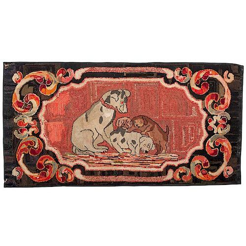American Hooked Rug with Dog & Puppies  