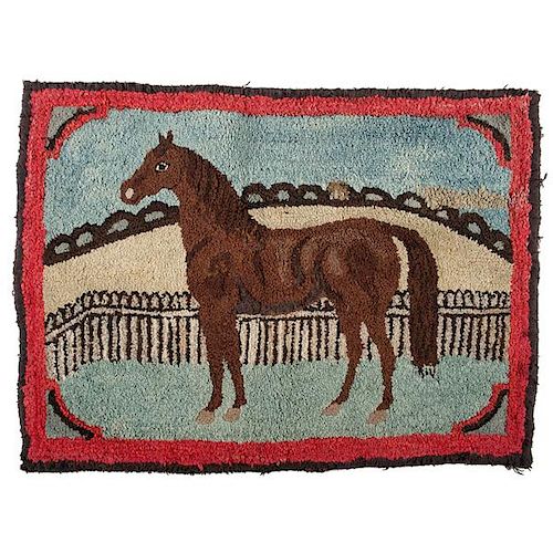American Hooked Rug Depicting a Horse in a Meadow 