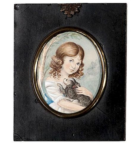 Watercolor Miniature Portrait of Girl with Dog 