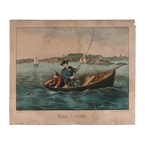 Bass Fishing Hand-Colored Lithograph by Currier and Ives 