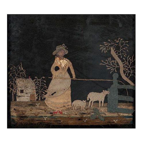 Folk Art Appliqué and Embroidered Scene, Purportedly Using Revolutionary War Era Fabrics 