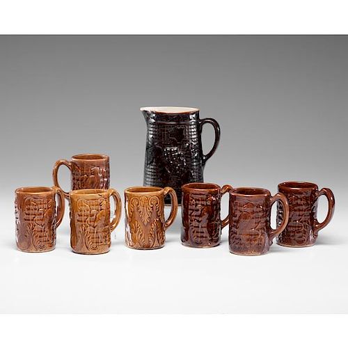 American Earthenware Pitcher and Bennington-style Mugs 