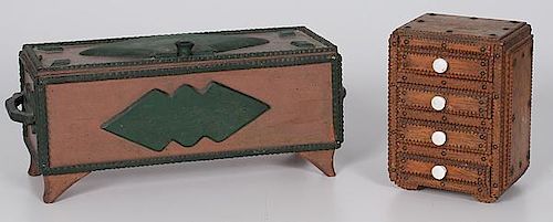 Tramp Art Miniature Chest of Drawers and Box 