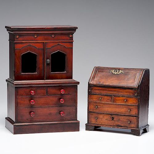 English Miniature Empire-style Cupboard and Georgian-style Slant Front Desk 