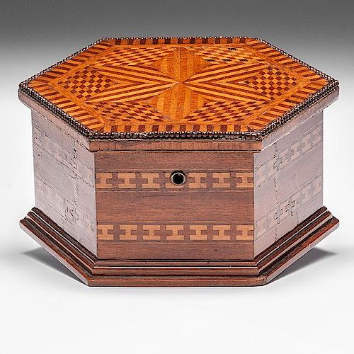 Mixed Wood Marquetry Hexagonal Box 