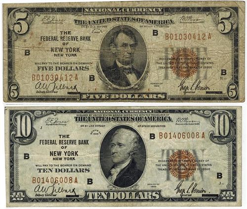 US 1929 $5&$10 FEDERAL RESERVE BANK NOTE