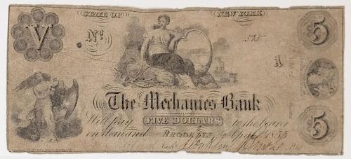 MECHANICS BANK 1855 $5 OBSOLETE NOTE