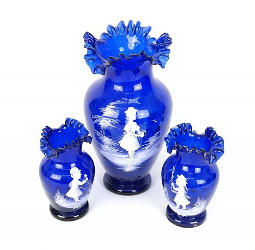 Three Blue Mary Gregory Glass Vases