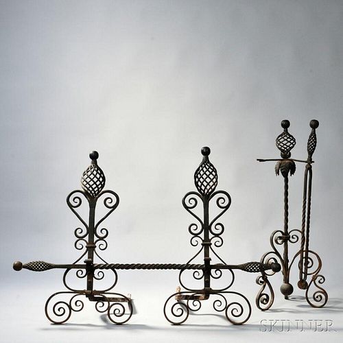 Andirons and a Tool Holder in the Manner of Roy Croft