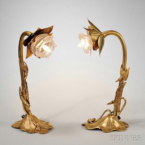 Pair of Art Nouveau Gold-plated Table Lamps