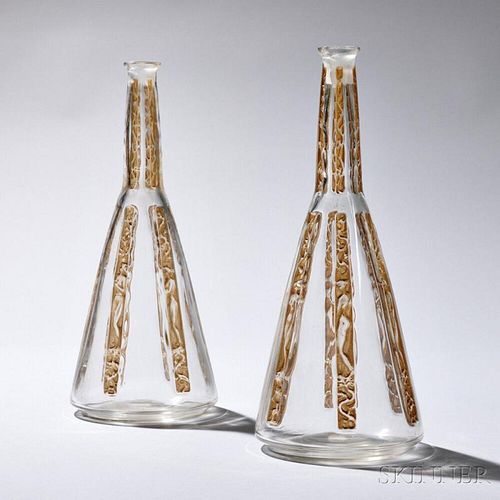 Pair of R. Lalique "Six Figures" Pattern Decanters