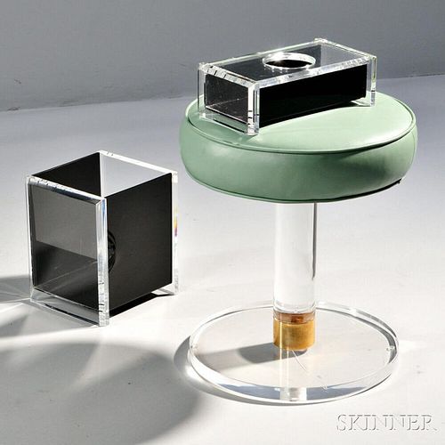 Modern Lucite Stool, Waste Basket, and Tissue Box