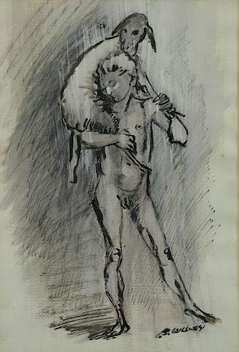 LUCCHESI, Bruno. Watercolor. Male Nude with Lamb.