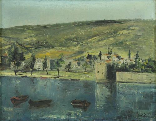 Signed Israeli Oil on Canvas Modernist Landscape.