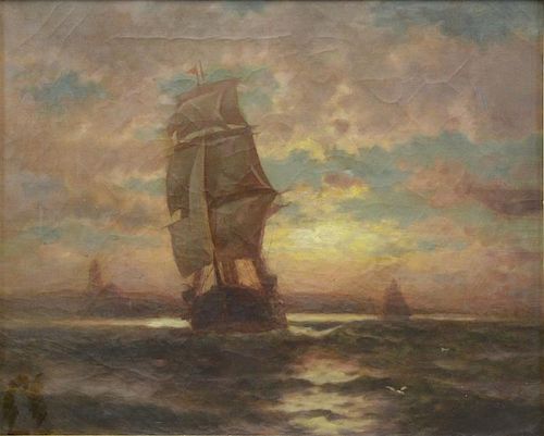 Signed 19th C. Oil on Canvas. Ship at Dusk.