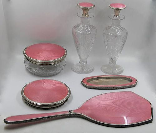 STERLING. Pink Guilloche Enamel Vanity Set.